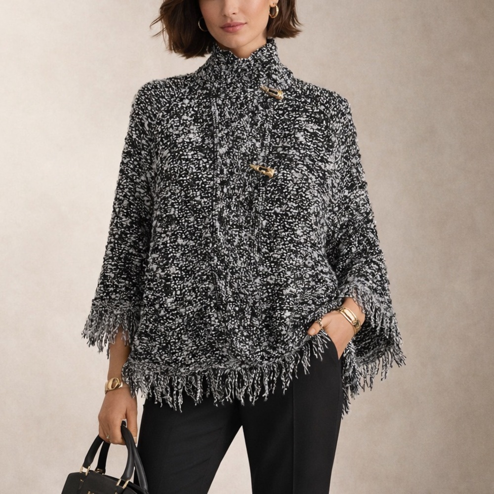 St. John  Black & White Wool Tweed Fringe Knit Sweater M